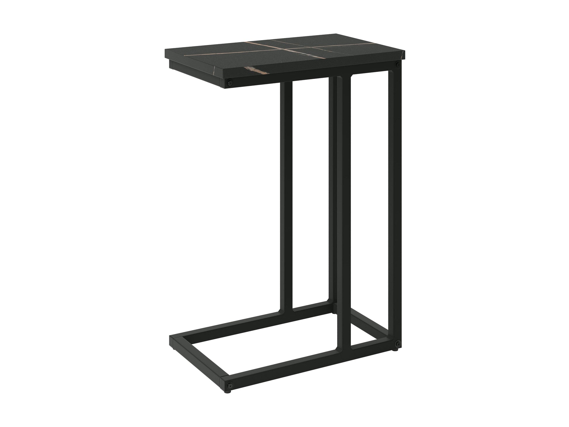 Black marble narrow side table with sleek gold metal legs, minimalist design, and smooth polished surface. Ideal for modern living rooms or bedrooms, adding elegance and functionality to small spaces.