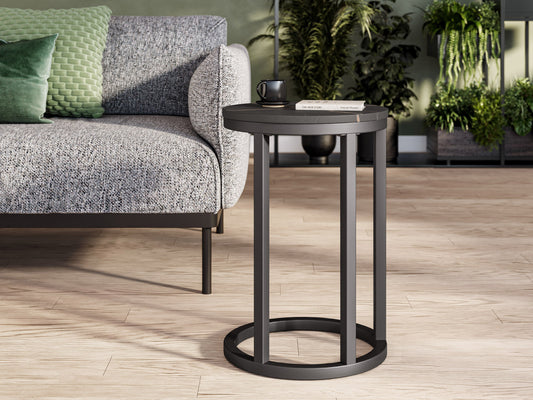 Black marble round side table with gold metal legs, sleek modern design, smooth marble texture, perfect for living room or bedroom decor, elegant and durable furniture piece.