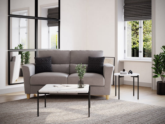 White marble coffee table set with gold metal frame, modern minimalist design, round shape, smooth polished surface, perfect for living room decor, durable and stylish, contemporary furniture piece.