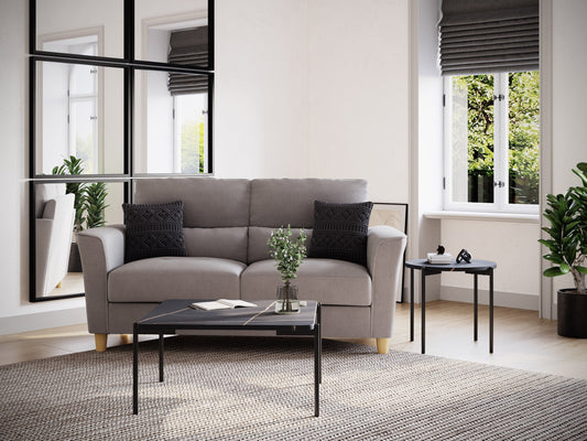 Black marble coffee table set with gold metal frame, featuring a sleek modern design, smooth marble texture, and nested tables for versatile living room decor. Ideal for contemporary interiors.