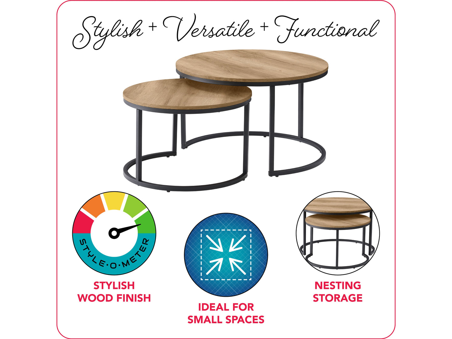 Light wood round nesting coffee tables with a smooth finish, featuring a minimalist design and sturdy metal legs. Ideal for modern living rooms, these space-saving tables can be used together or separately.