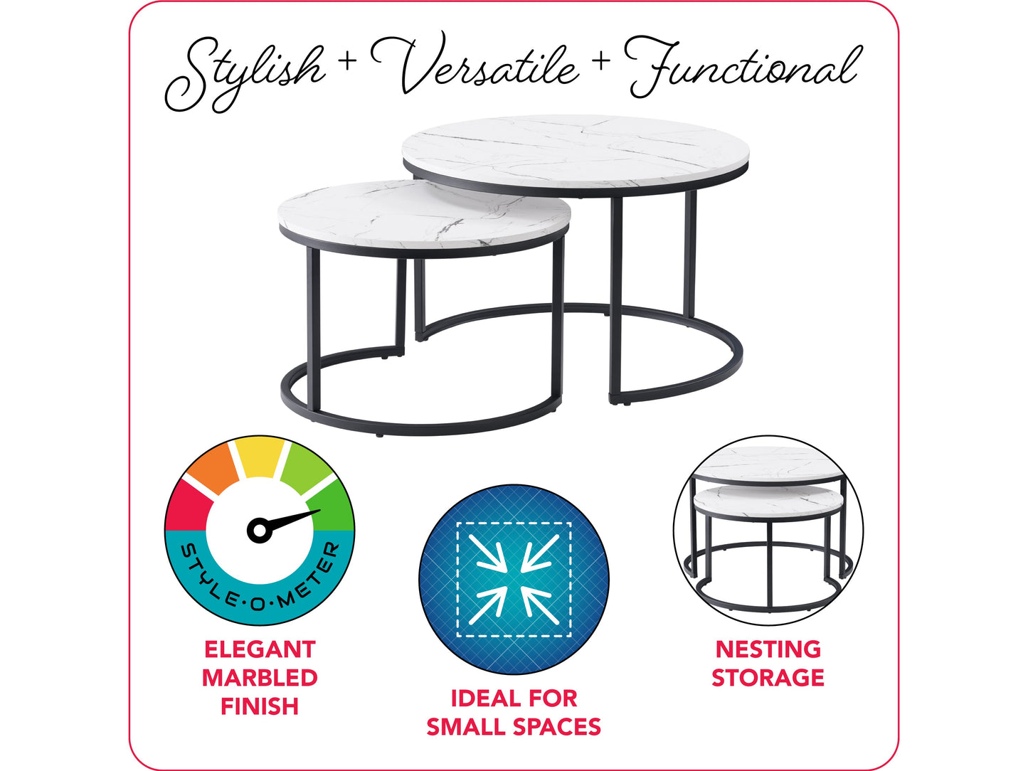 Round nesting coffee tables with white marble tops and gold metal frames, featuring a modern design and smooth surfaces, perfect for contemporary living rooms.
