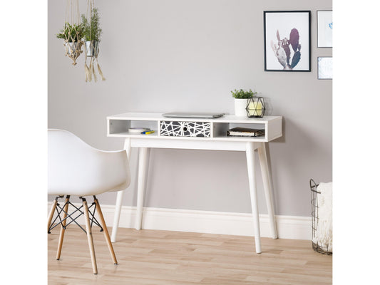 White and black mid-century modern desk with sleek lines, wooden legs, and minimalist design, featuring a smooth white top and black drawer for storage, perfect for home office or study.