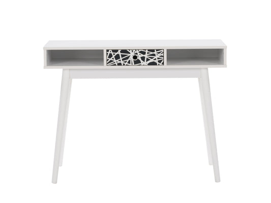 White and black mid-century modern desk with sleek lines, wooden legs, and minimalist design, featuring a smooth white top and black drawer for storage, perfect for home office or study.