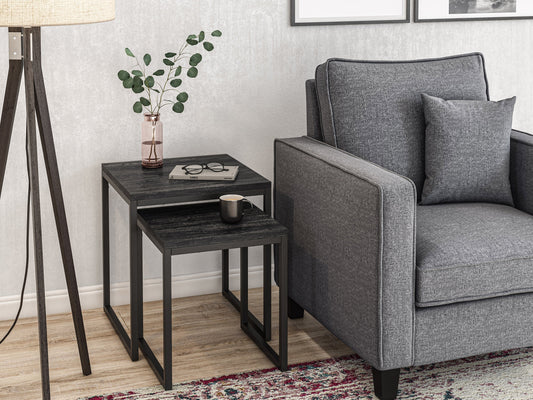 Grey wood square nesting side tables with sleek metal legs, modern minimalist design, and space-saving functionality. Perfect for contemporary living rooms or bedrooms, offering versatile use and stylish storage solutions.