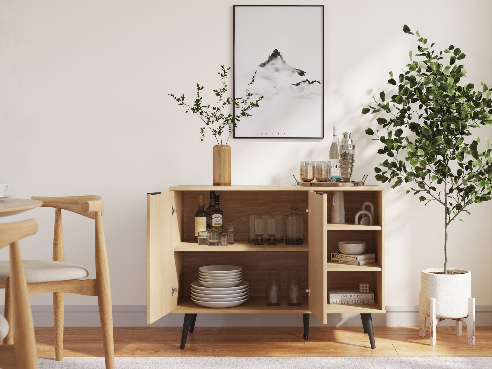 Modern sideboard buffet in white and oak finish with sleek metal handles, featuring two spacious cabinets and three central drawers, perfect for stylish storage in dining rooms or living spaces.