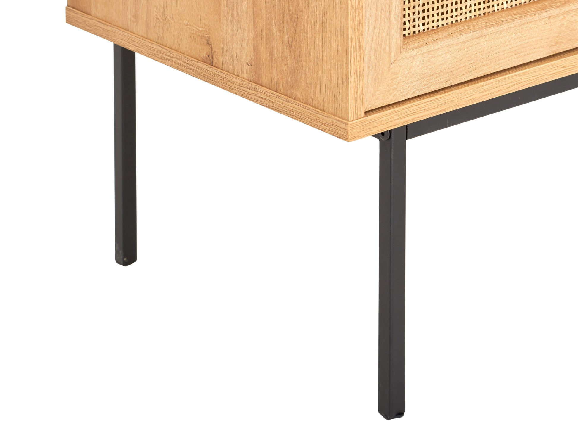 Black wood sideboard buffet with sleek handles, two doors, and three drawers. Features smooth finish, modern design, and ample storage space. Ideal for dining rooms or living spaces.