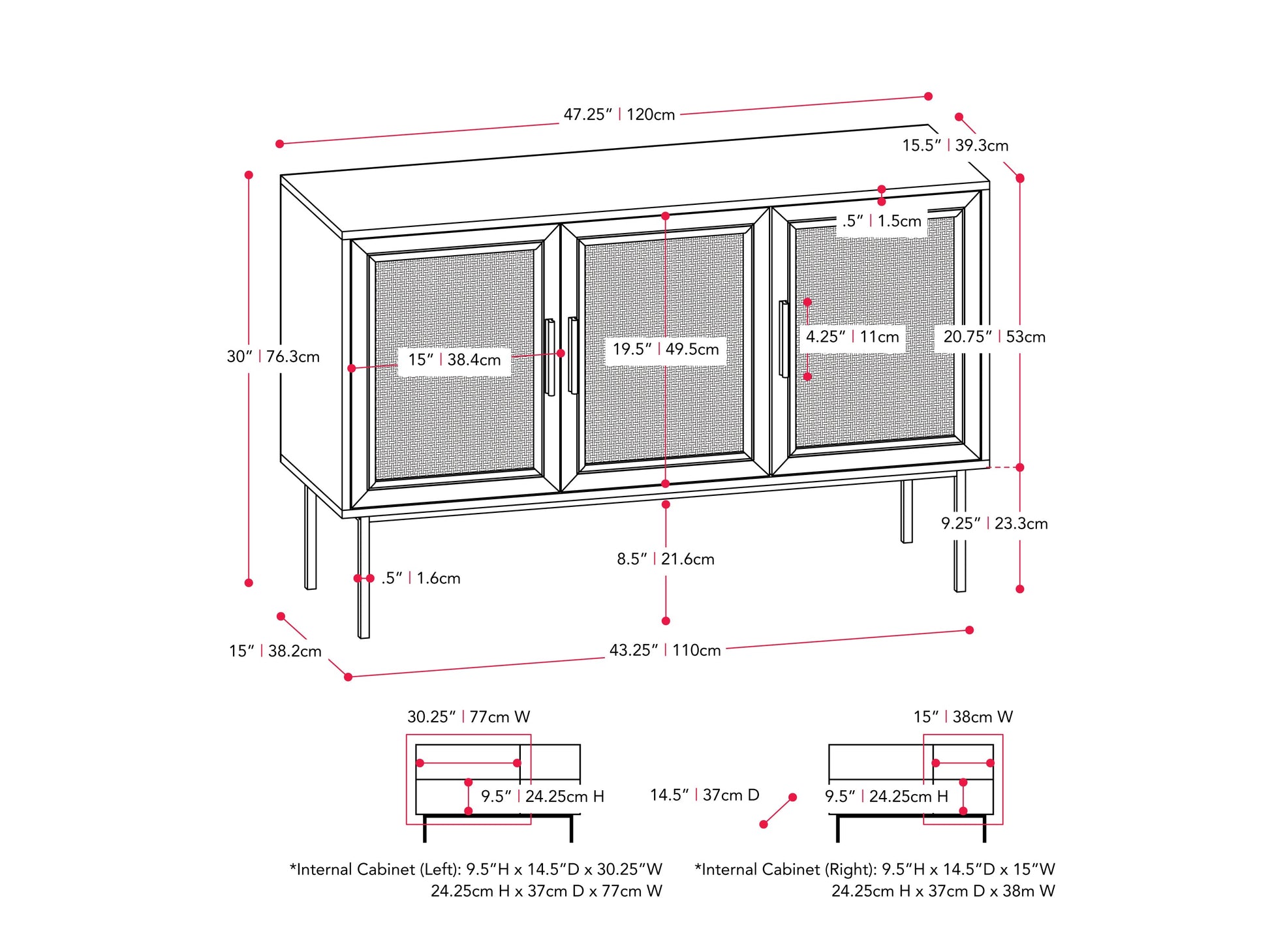 Black wood sideboard buffet with sleek handles, two doors, and three drawers. Features smooth finish, modern design, and ample storage space. Ideal for dining rooms or living spaces.
