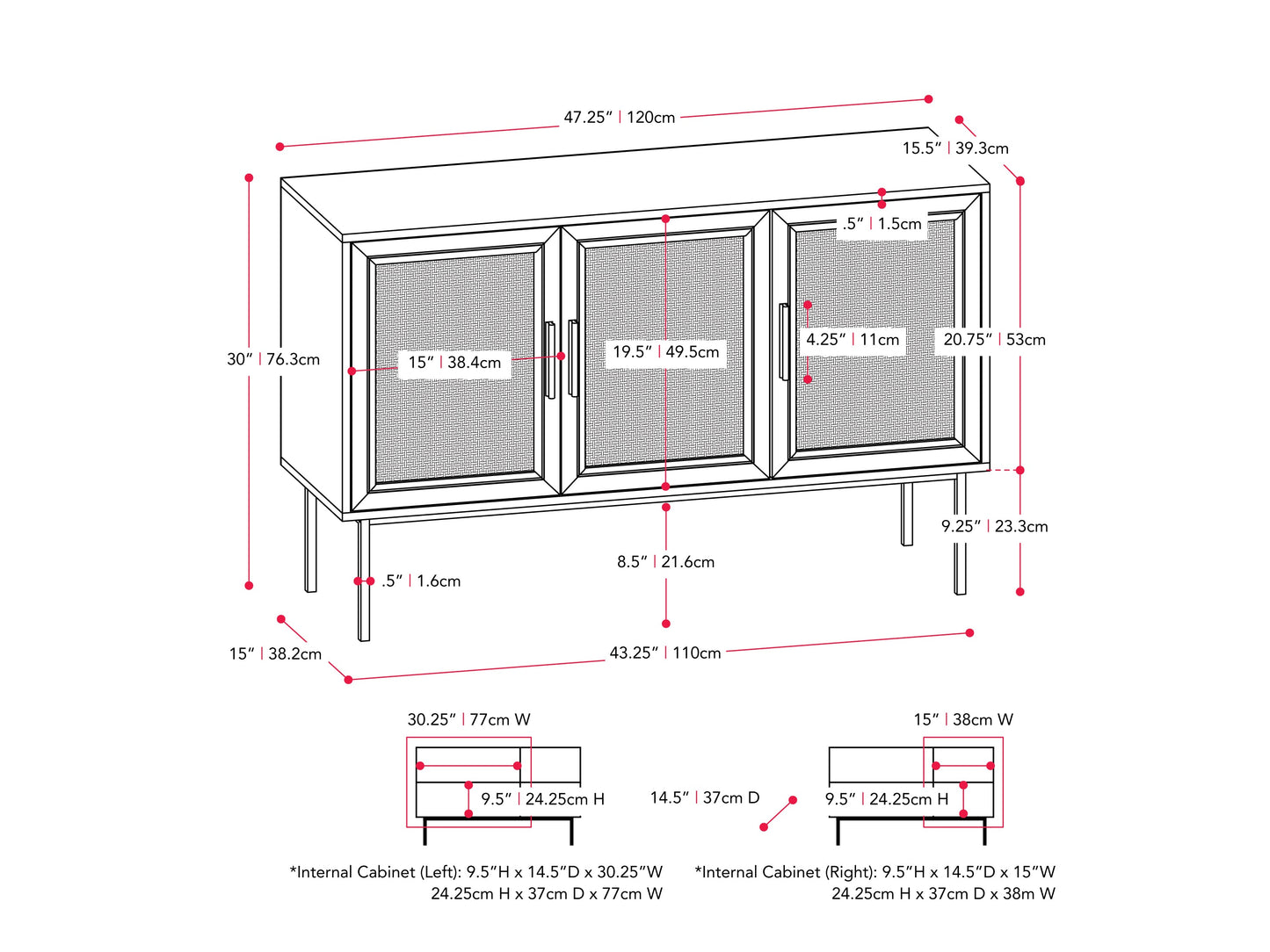 Black wood sideboard buffet with sleek handles, two doors, and three drawers. Features smooth finish, modern design, and ample storage space. Ideal for dining rooms or living spaces.