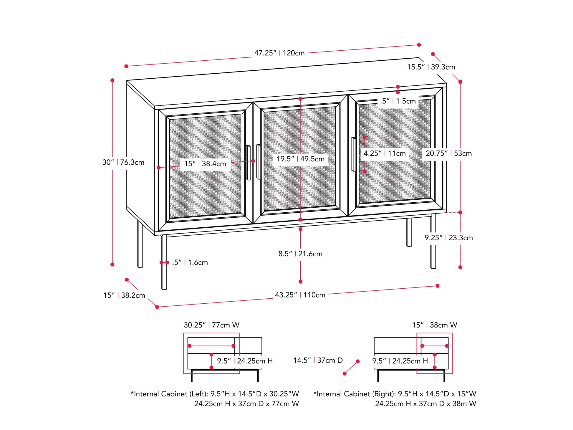 Black wood sideboard buffet with sleek handles, two doors, and three drawers. Features smooth finish, modern design, and ample storage space. Ideal for dining rooms or living spaces.