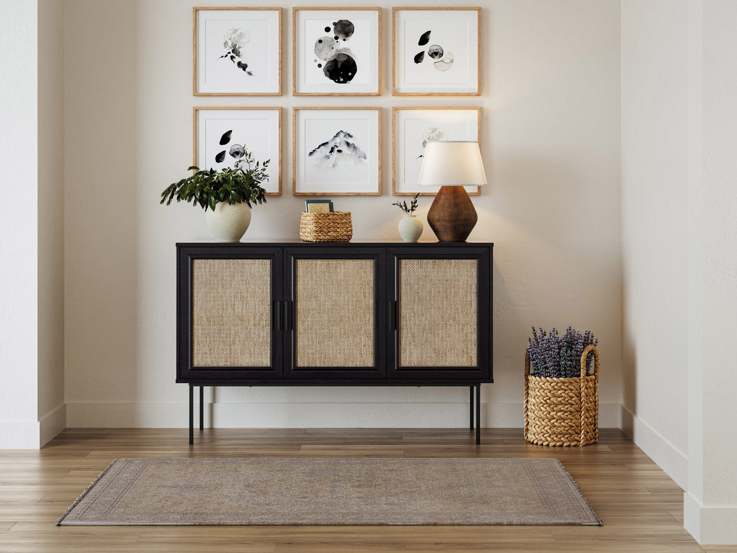 Black wood sideboard buffet with sleek handles, two doors, and three drawers. Features smooth finish, modern design, and ample storage space. Ideal for dining rooms or living spaces.