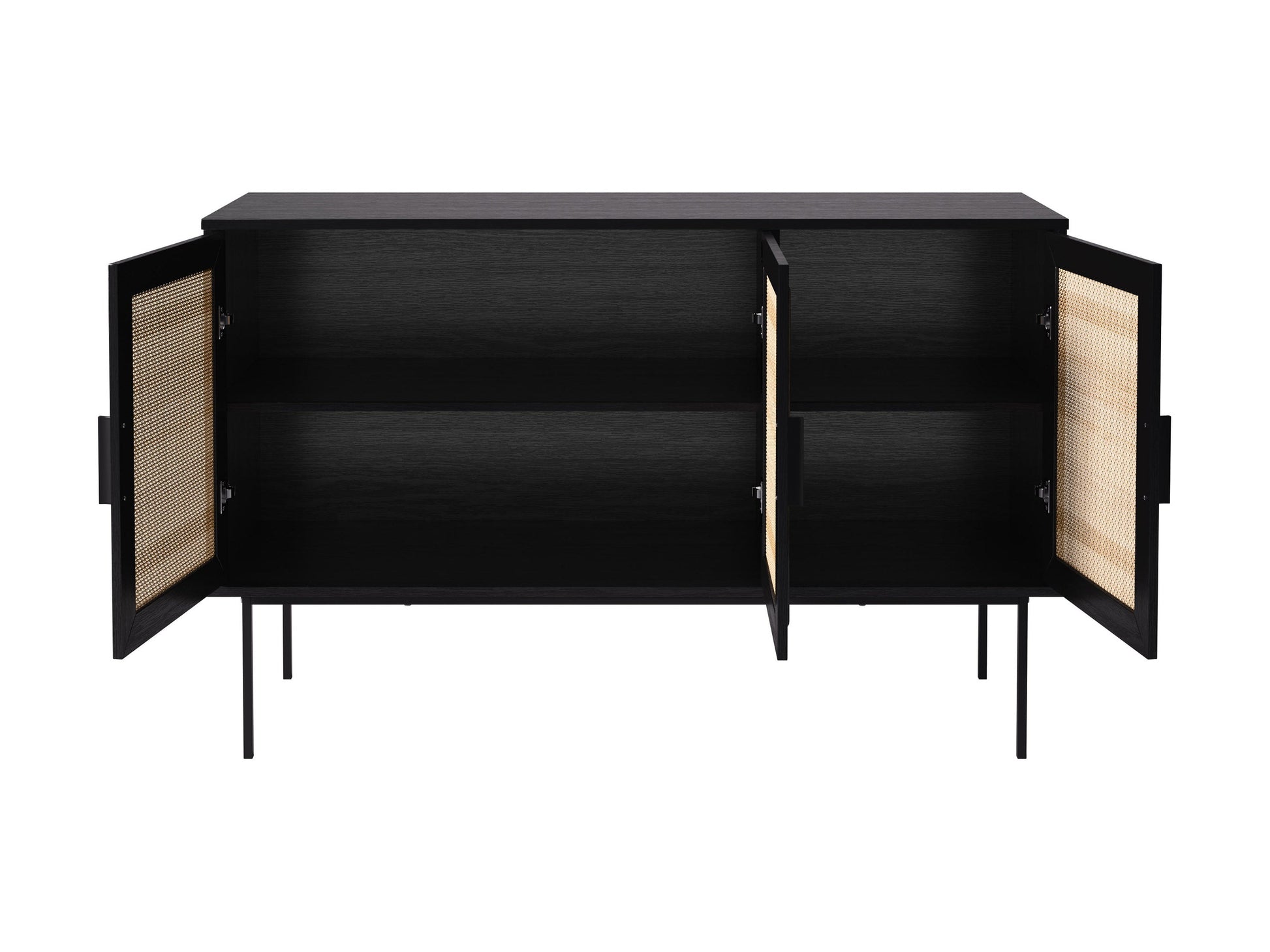Black wood sideboard buffet with sleek handles, two doors, and three drawers. Features smooth finish, modern design, and ample storage space. Ideal for dining rooms or living spaces.