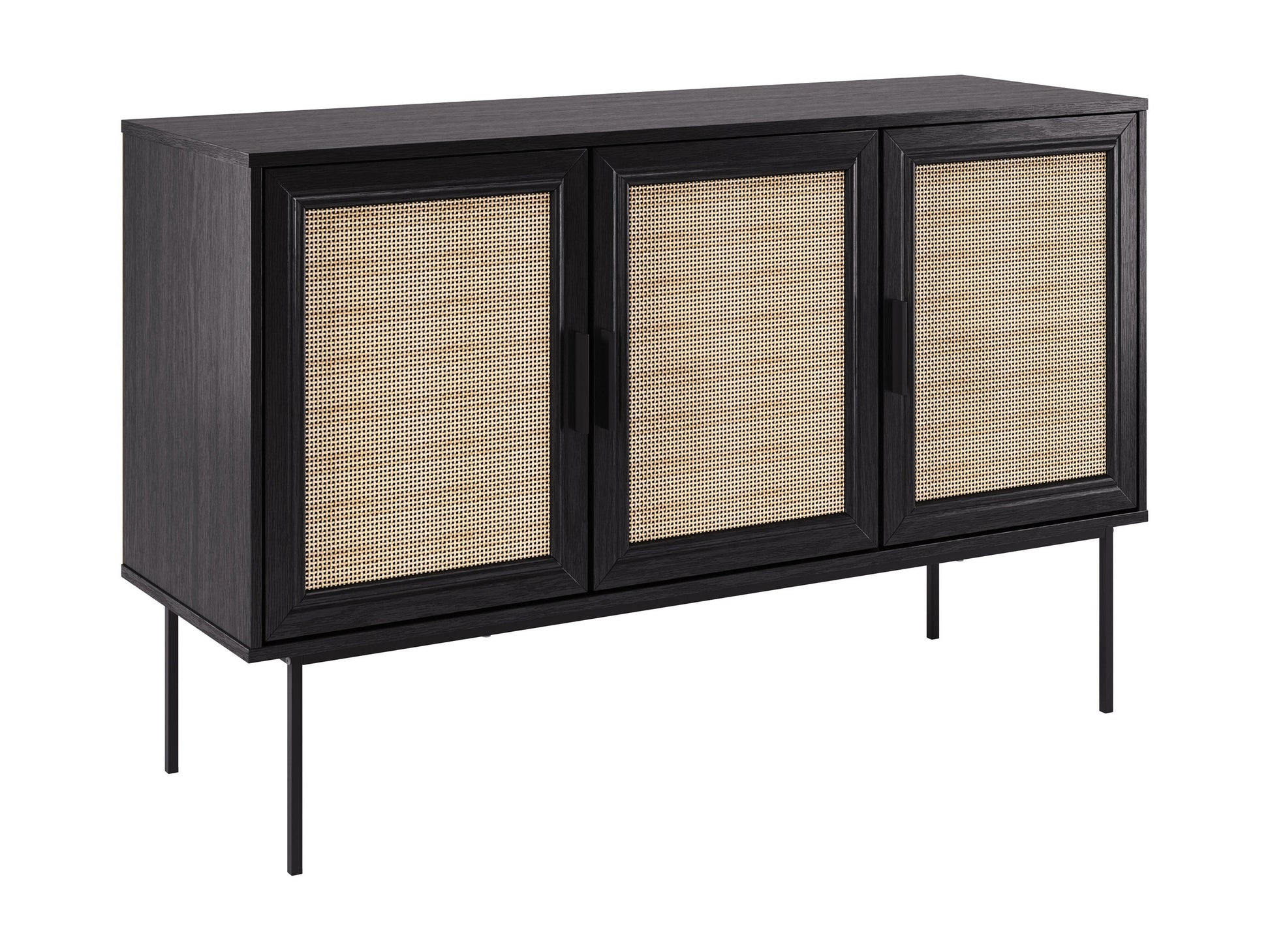 Black wood sideboard buffet with sleek handles, two doors, and three drawers. Features smooth finish, modern design, and ample storage space. Ideal for dining rooms or living spaces.