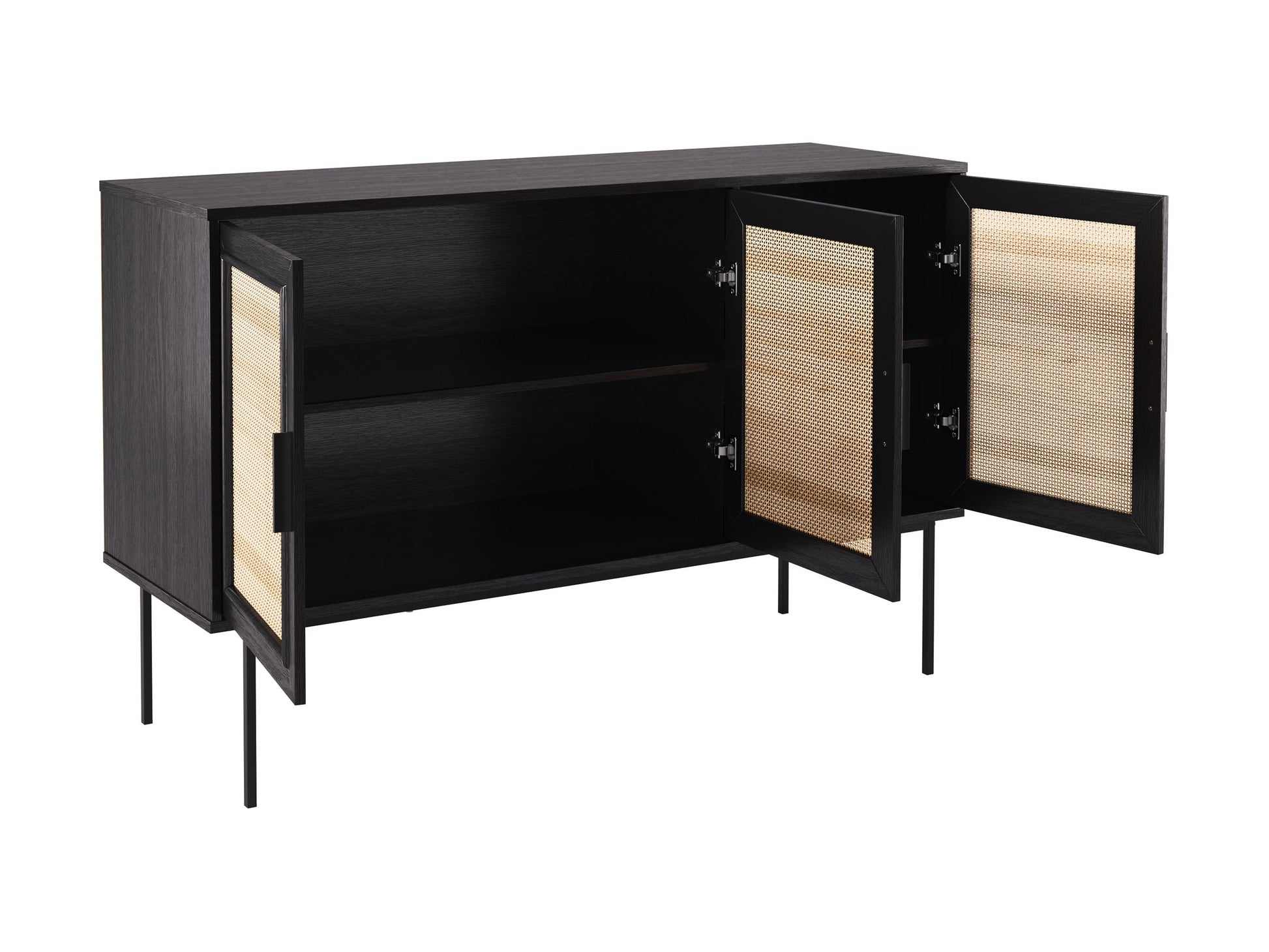 Black wood sideboard buffet with sleek handles, two doors, and three drawers. Features smooth finish, modern design, and ample storage space. Ideal for dining rooms or living spaces.