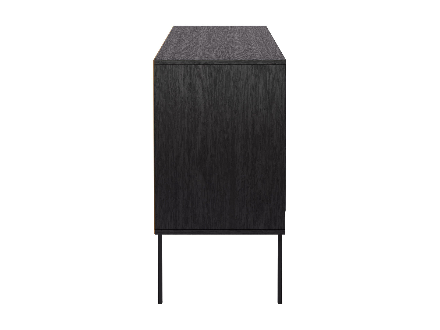 Black wood sideboard buffet with sleek handles, two doors, and three drawers. Features smooth finish, modern design, and ample storage space. Ideal for dining rooms or living spaces.