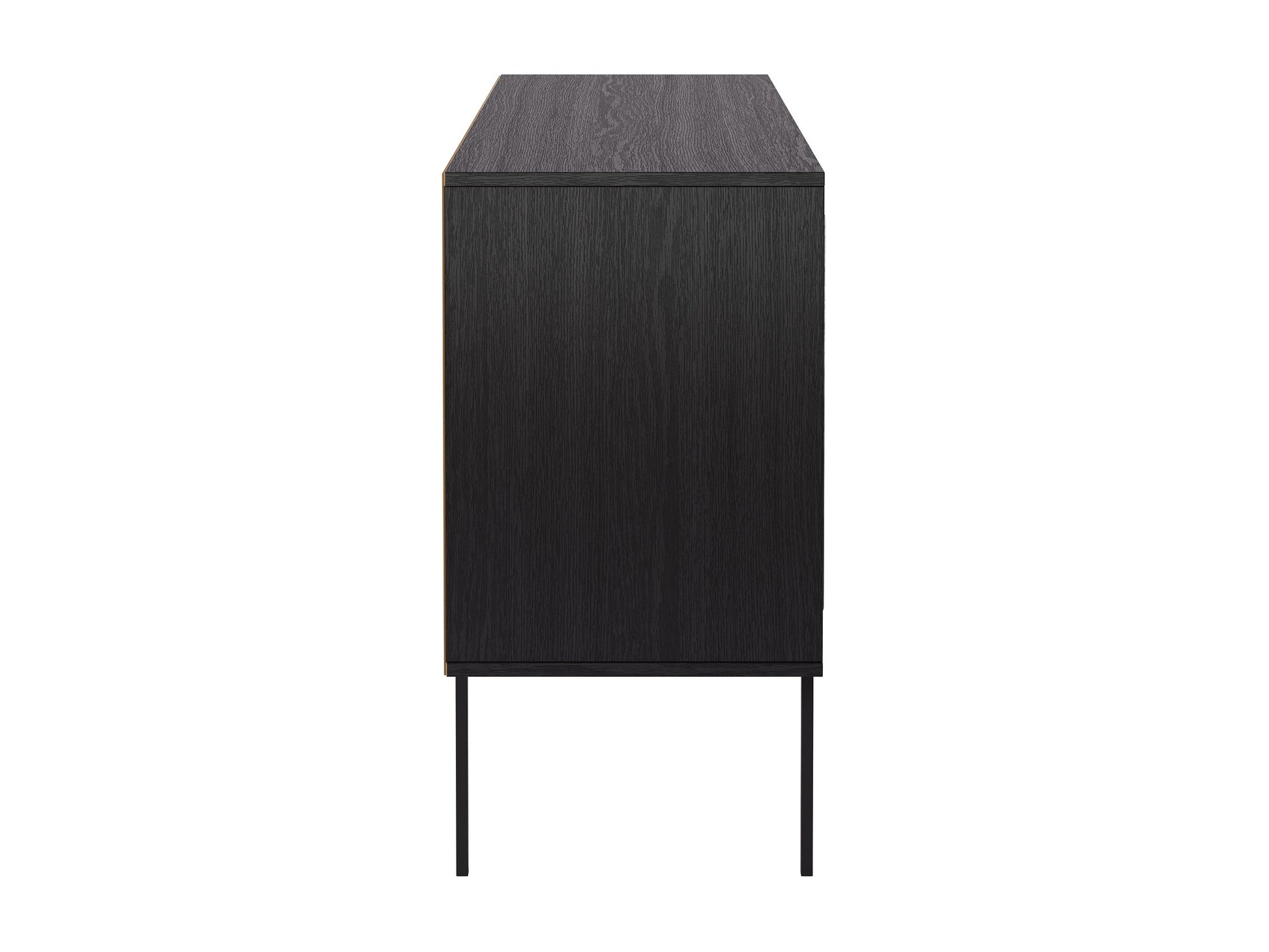 Black wood sideboard buffet with sleek handles, two doors, and three drawers. Features smooth finish, modern design, and ample storage space. Ideal for dining rooms or living spaces.
