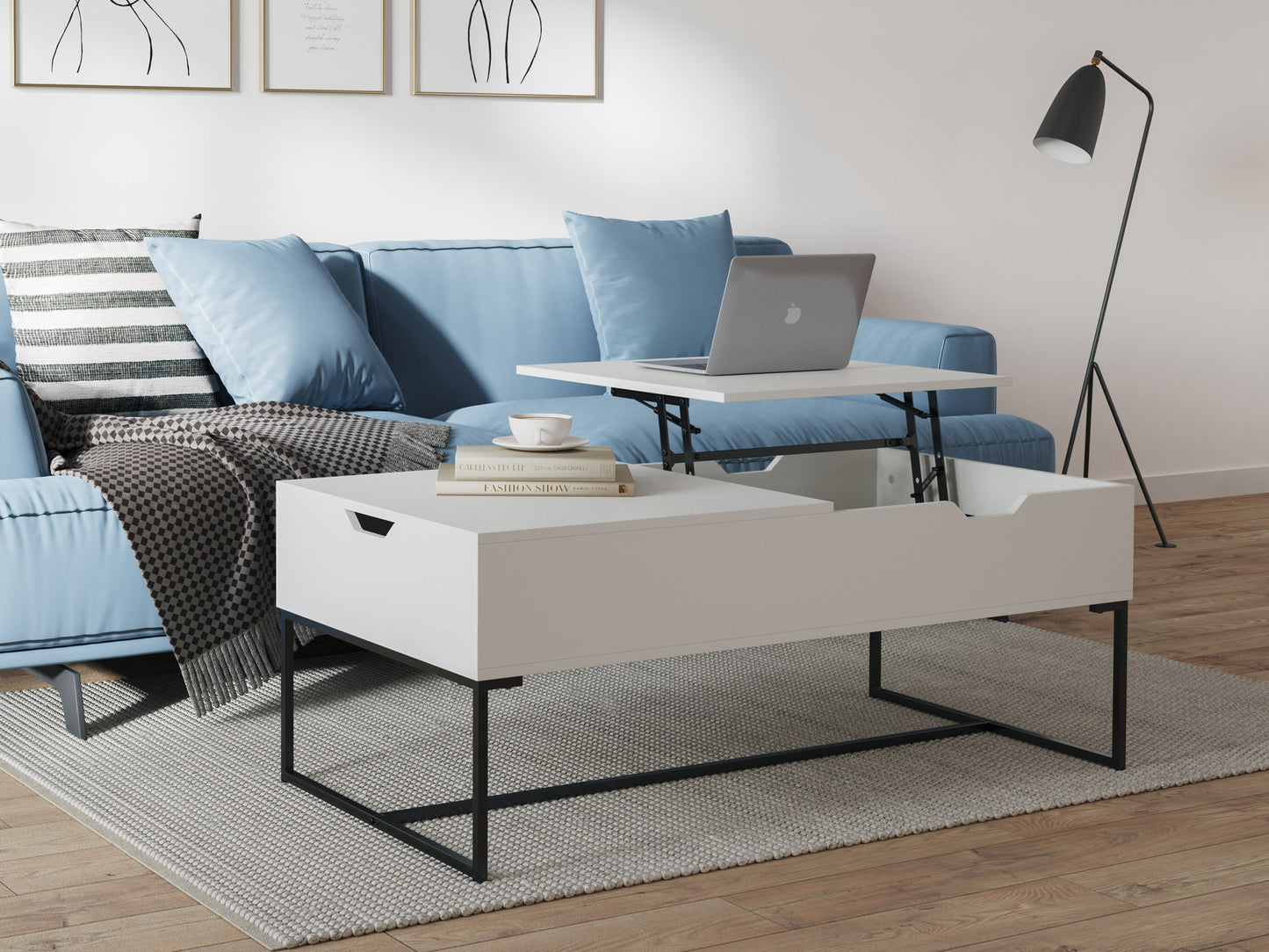 White lift top coffee table with a sleek design, featuring a smooth white finish, hidden storage compartment, and sturdy metal legs. Ideal for modern living rooms, it offers functionality and contemporary style.