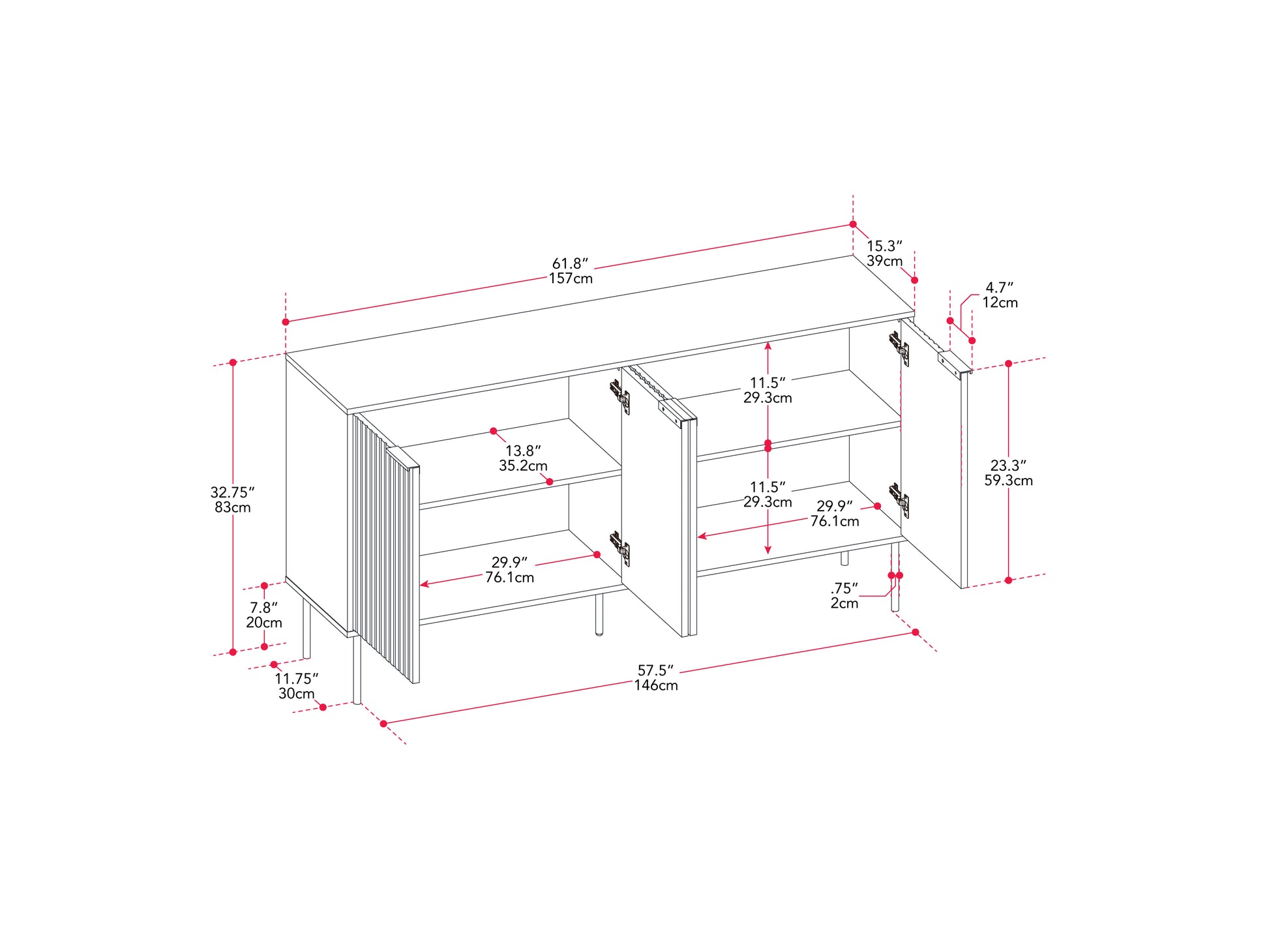 Modern sideboard buffet with sleek walnut finish, featuring three spacious drawers and two cabinet doors with brushed metal handles, perfect for stylish storage in dining or living rooms.