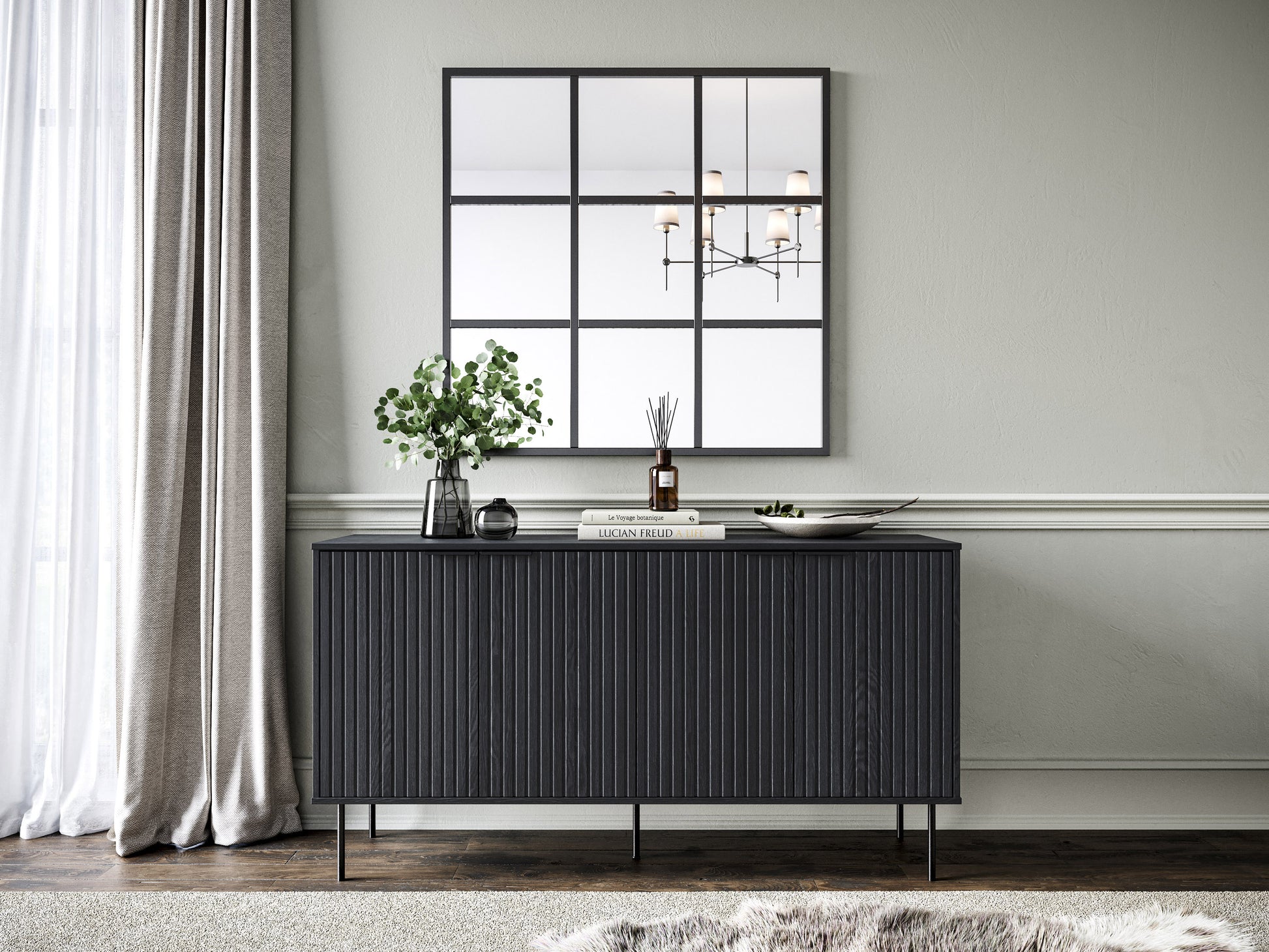 Modern sideboard buffet with sleek walnut finish, featuring three spacious drawers and two cabinet doors with brushed metal handles, perfect for stylish storage in dining or living rooms.