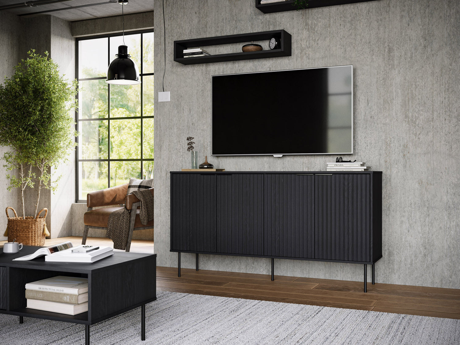 Modern sideboard buffet with sleek walnut finish, featuring three spacious drawers and two cabinet doors with brushed metal handles, perfect for stylish storage in dining or living rooms.