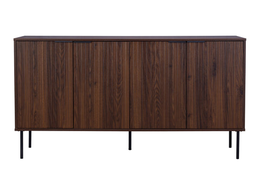 Fluted walnut sideboard cabinet with sleek, vertical grooves, rich brown finish, and minimalist design. Features two spacious compartments and sturdy legs. Ideal for modern living rooms and dining areas.