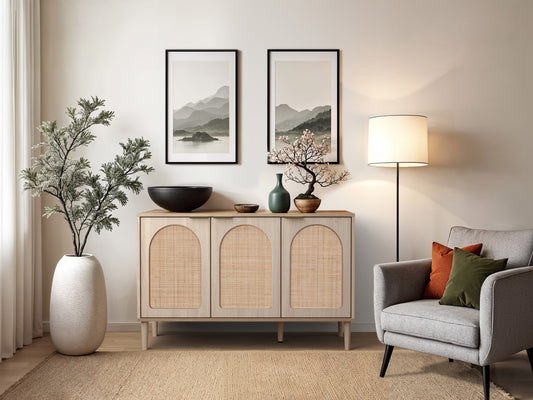Rattan sideboard cabinet with natural wood finish, featuring woven rattan doors, sleek black metal legs, and spacious storage compartments. Ideal for modern or bohemian interiors.