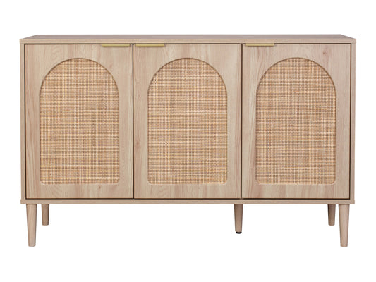 Rattan sideboard cabinet with natural woven rattan doors, dark wooden frame, and sleek metal handles, featuring ample storage space and a modern design.
