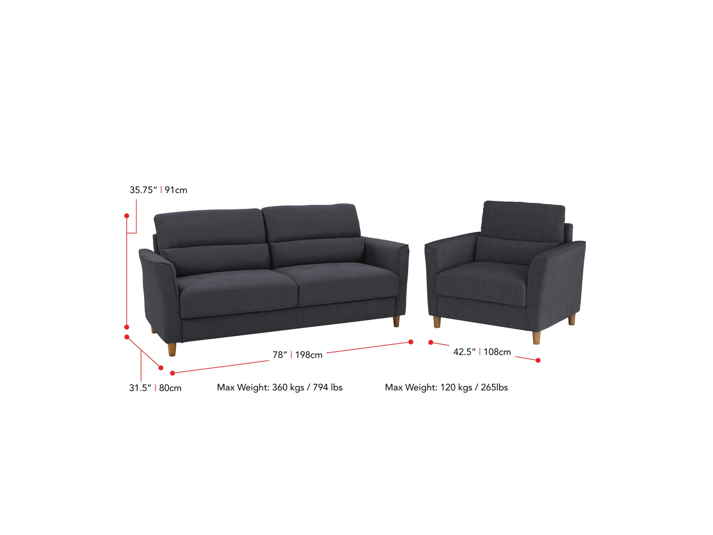 Dark grey 3-seat sofa and chair set with plush cushions, modern design, and sturdy wooden legs, perfect for living room or lounge area. Ideal for contemporary home decor and comfortable seating.