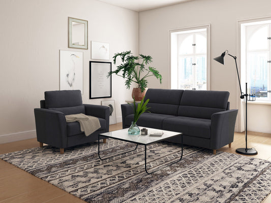 Dark grey 3-seat sofa and chair set with plush cushions, modern design, and sturdy wooden legs, perfect for living room or lounge area. Ideal for contemporary home decor and comfortable seating.