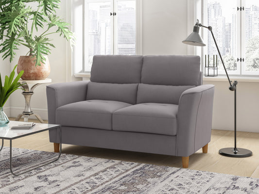Alt tag: Modern 2 seater loveseat with plush grey fabric upholstery, sleek wooden legs, and minimalist design perfect for contemporary living rooms.