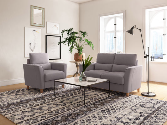 Gray 2-seater loveseat and chair set with plush cushions, sleek wooden legs, and soft linen upholstery. Ideal for modern living rooms, this sofa set offers comfort and style with its minimalist design and neutral tones.