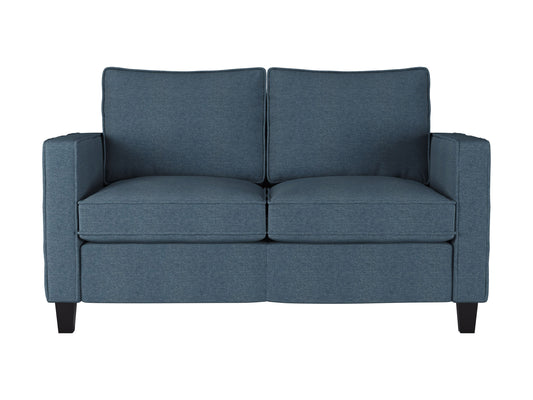 Blue 2-seater loveseat with plush velvet upholstery, tufted backrest, and elegant wooden legs. Ideal for modern living rooms, providing comfort and style.