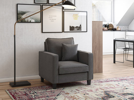 Grey mid-century modern arm chair with wooden legs, upholstered in soft fabric, featuring a tufted backrest and sleek armrests, perfect for living room or office decor.