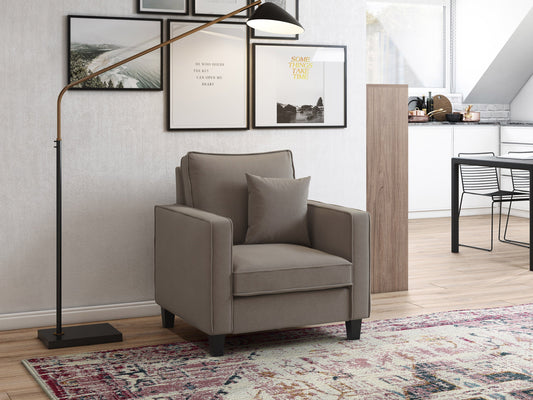 Mid-century modern arm chair in taupe with wooden legs, featuring a cushioned seat and backrest, upholstered in soft fabric with a minimalist design. Perfect for living rooms or office spaces.