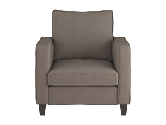 Mid-century modern arm chair in taupe with wooden legs, featuring a cushioned seat and backrest, upholstered in soft fabric with a minimalist design. Perfect for living rooms or office spaces.