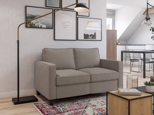 Taupe 2-seater loveseat with plush cushions, sleek wooden legs, and soft fabric upholstery; perfect for modern living rooms.