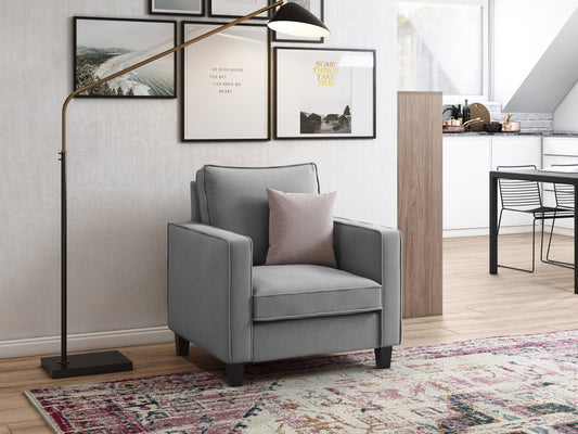 Light grey mid-century modern arm chair with wooden legs and armrests, featuring a cushioned seat and backrest with tufted upholstery. Ideal for living rooms or offices seeking stylish, comfortable seating.