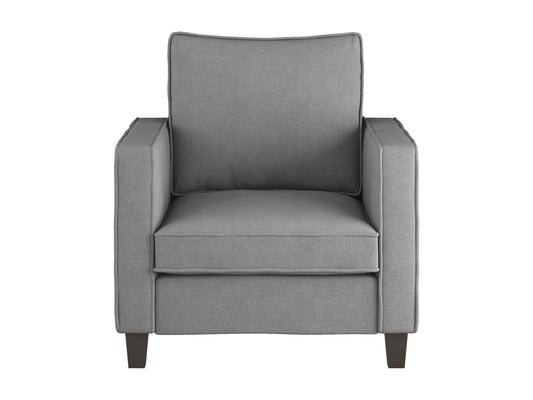 Light grey mid-century modern arm chair with wooden legs and armrests, featuring a cushioned seat and backrest with tufted upholstery. Ideal for living rooms or offices seeking stylish, comfortable seating.