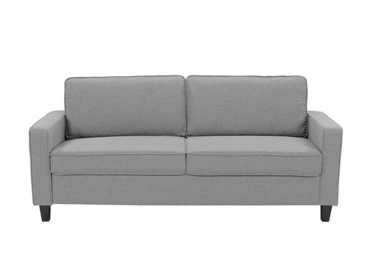 Light grey 3-seater sofa with plush cushions, wooden legs, and soft fabric upholstery. Ideal for modern living rooms, this stylish couch offers comfort and elegance, perfect for family gatherings or relaxation.