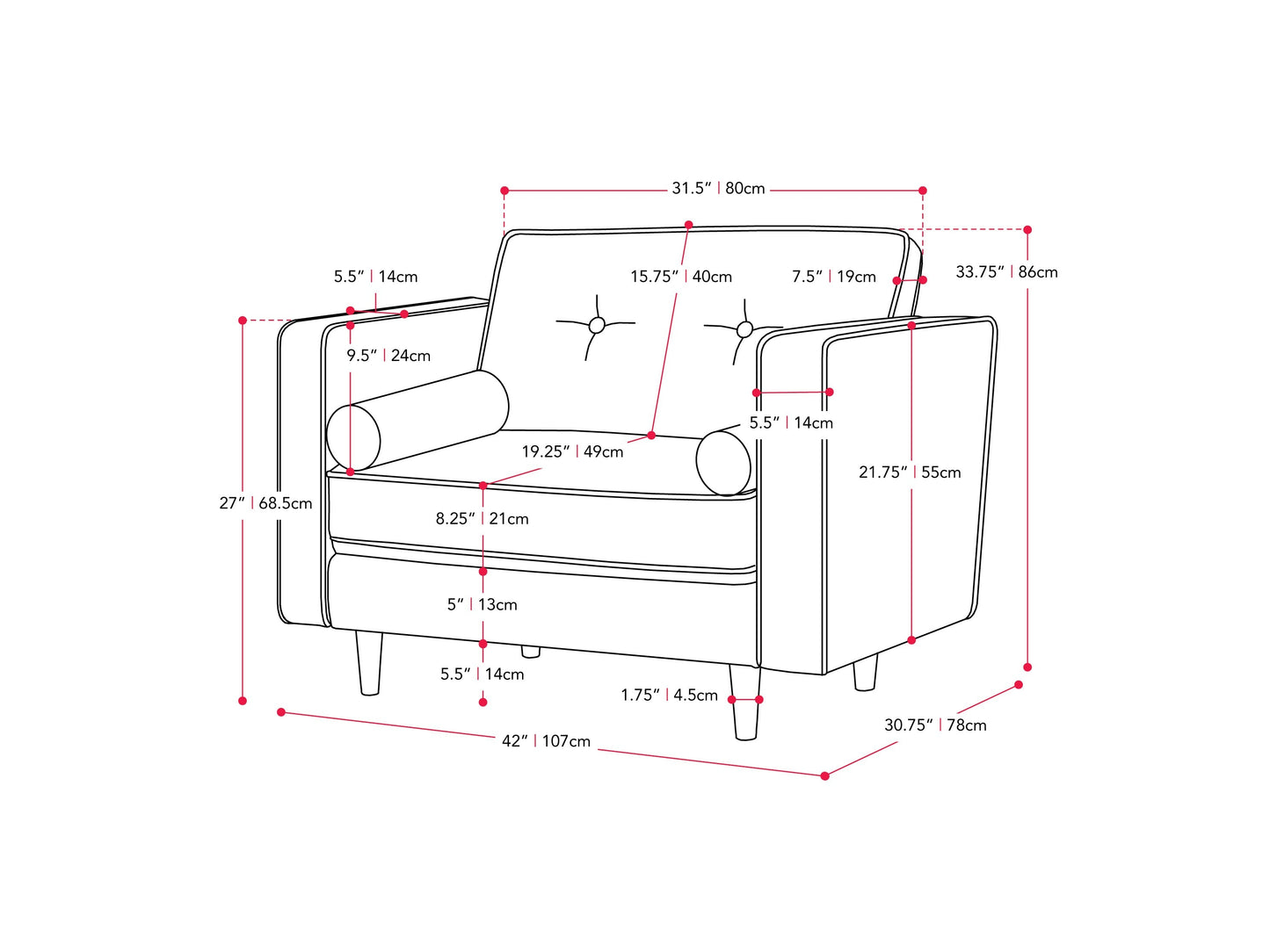 Grey mid-century modern arm chair with wooden legs, upholstered in soft fabric, featuring a tufted backrest and sleek armrests, perfect for living room or office decor.