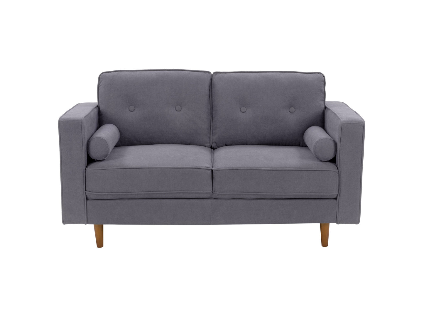 Grey 4-piece living room sofa set with plush cushions, sleek wooden legs, and soft fabric upholstery. Modern design featuring a spacious 3-seater, loveseat, armchair, and ottoman. Ideal for contemporary home decor.