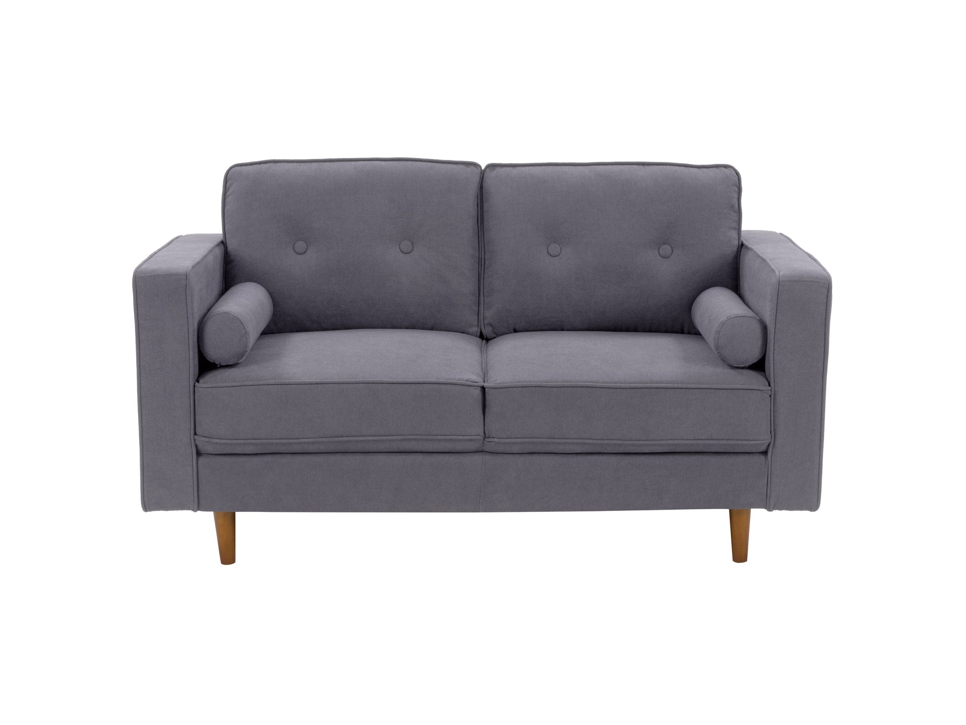 Grey 4-piece living room sofa set with plush cushions, sleek wooden legs, and soft fabric upholstery. Modern design featuring a spacious 3-seater, loveseat, armchair, and ottoman. Ideal for contemporary home decor.