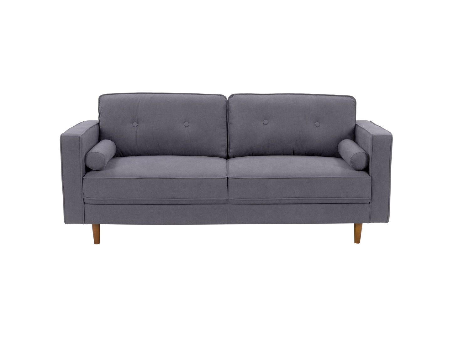 Grey 4-piece living room sofa set with plush cushions, sleek wooden legs, and soft fabric upholstery. Modern design featuring a spacious 3-seater, loveseat, armchair, and ottoman. Ideal for contemporary home decor.