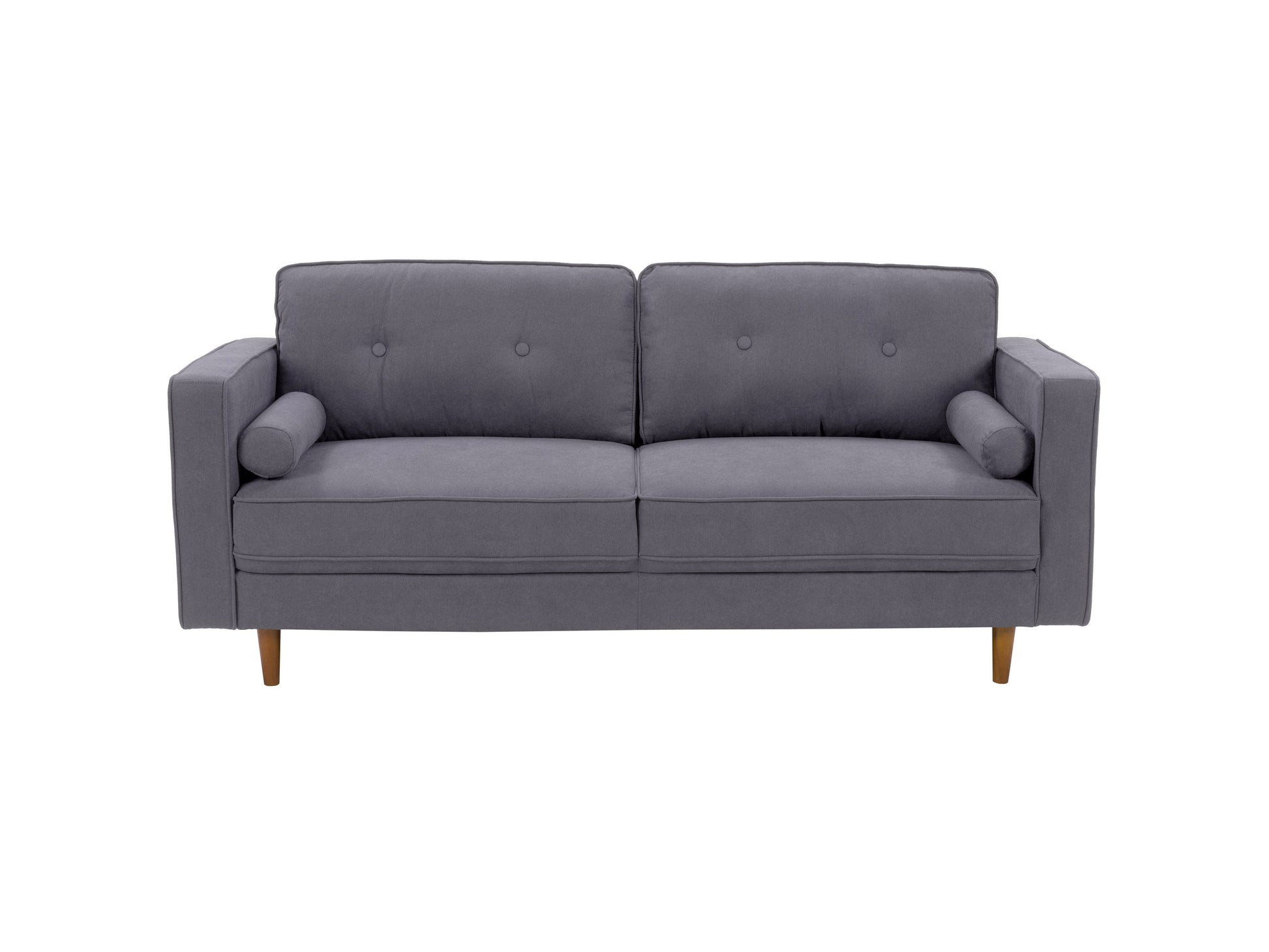 Grey 4-piece living room sofa set with plush cushions, sleek wooden legs, and soft fabric upholstery. Modern design featuring a spacious 3-seater, loveseat, armchair, and ottoman. Ideal for contemporary home decor.