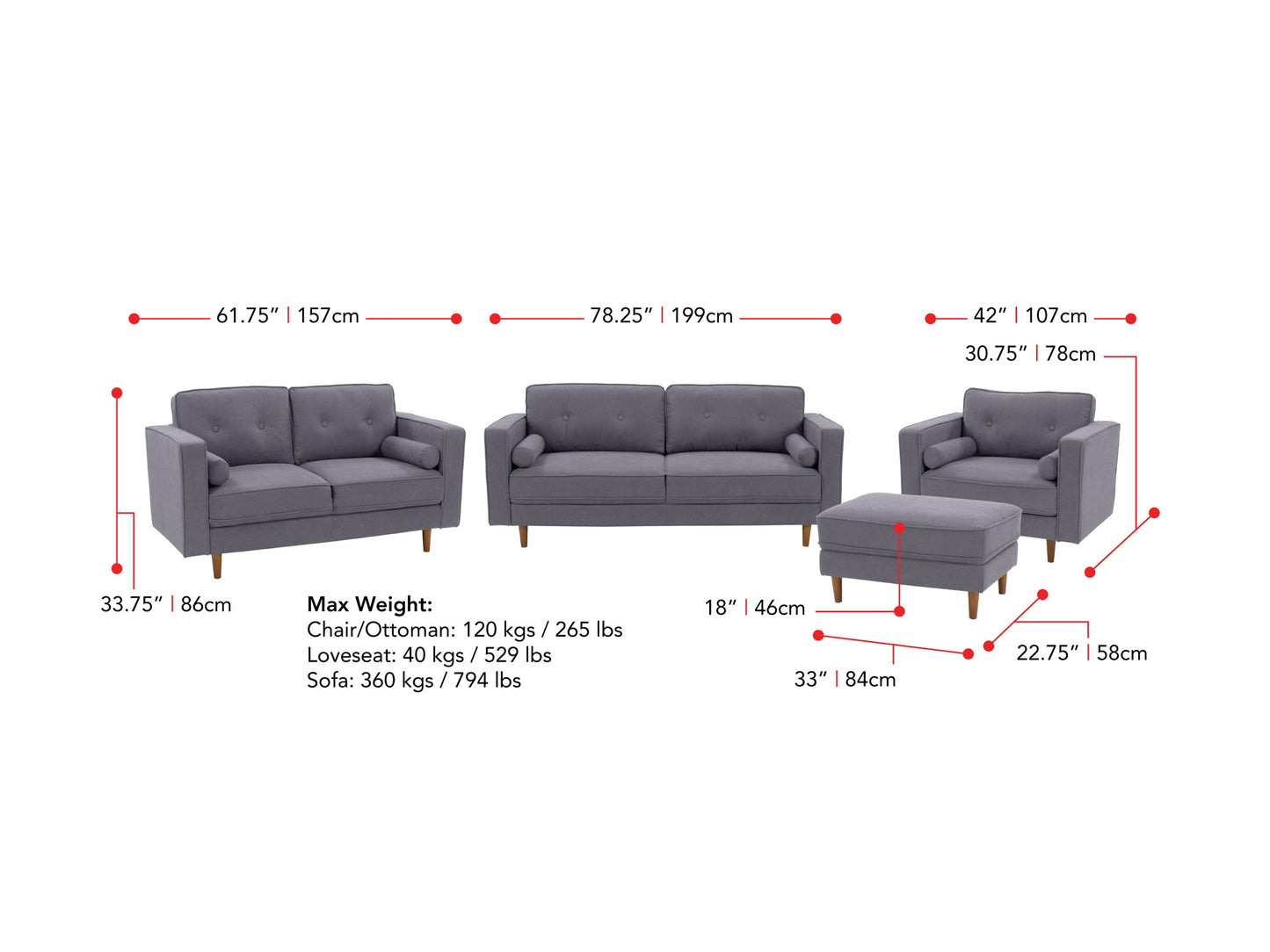 Grey 4-piece living room sofa set with plush cushions, sleek wooden legs, and soft fabric upholstery. Modern design featuring a spacious 3-seater, loveseat, armchair, and ottoman. Ideal for contemporary home decor.