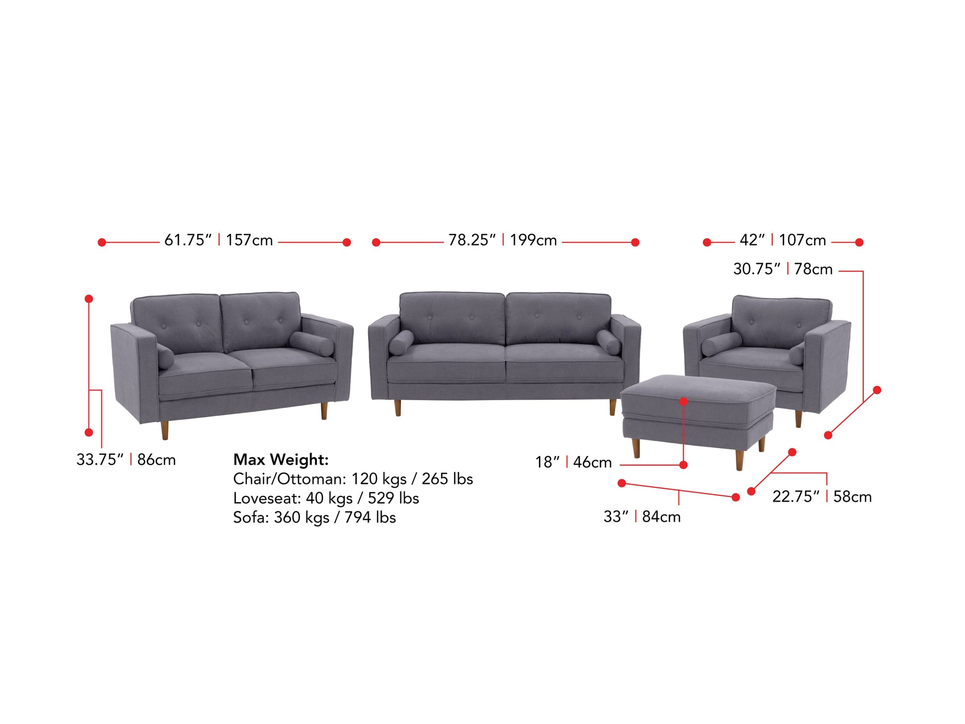 Grey 4-piece living room sofa set with plush cushions, sleek wooden legs, and soft fabric upholstery. Modern design featuring a spacious 3-seater, loveseat, armchair, and ottoman. Ideal for contemporary home decor.