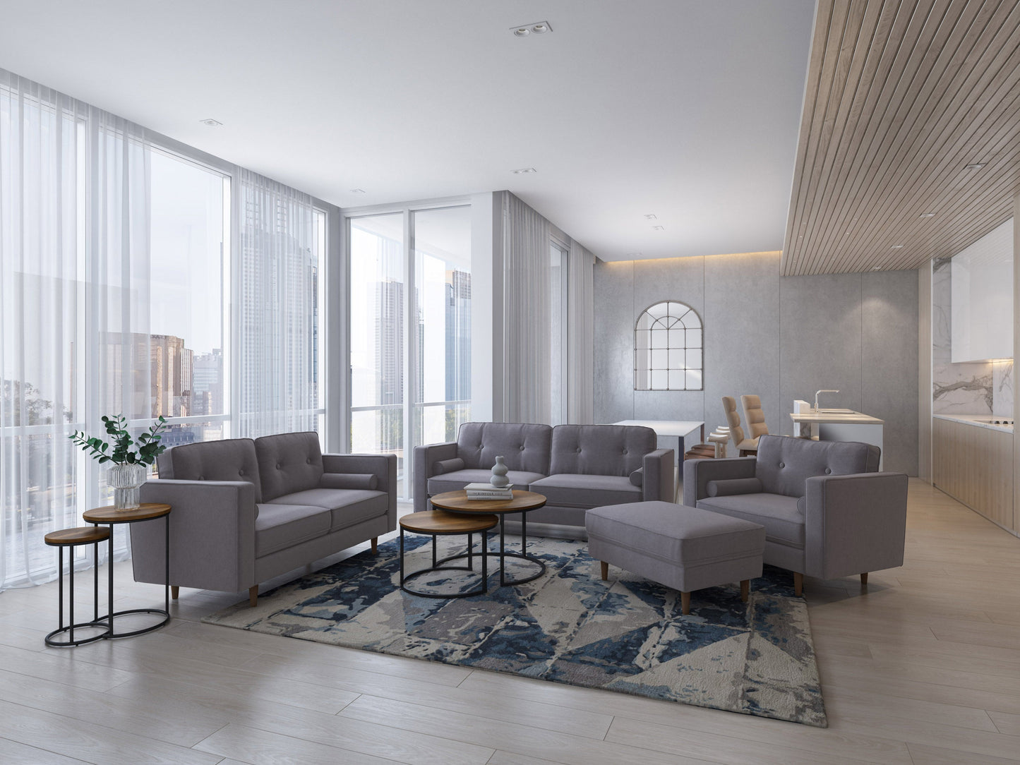 Grey 4-piece living room sofa set with plush cushions, sleek wooden legs, and soft fabric upholstery. Modern design featuring a spacious 3-seater, loveseat, armchair, and ottoman. Ideal for contemporary home decor.