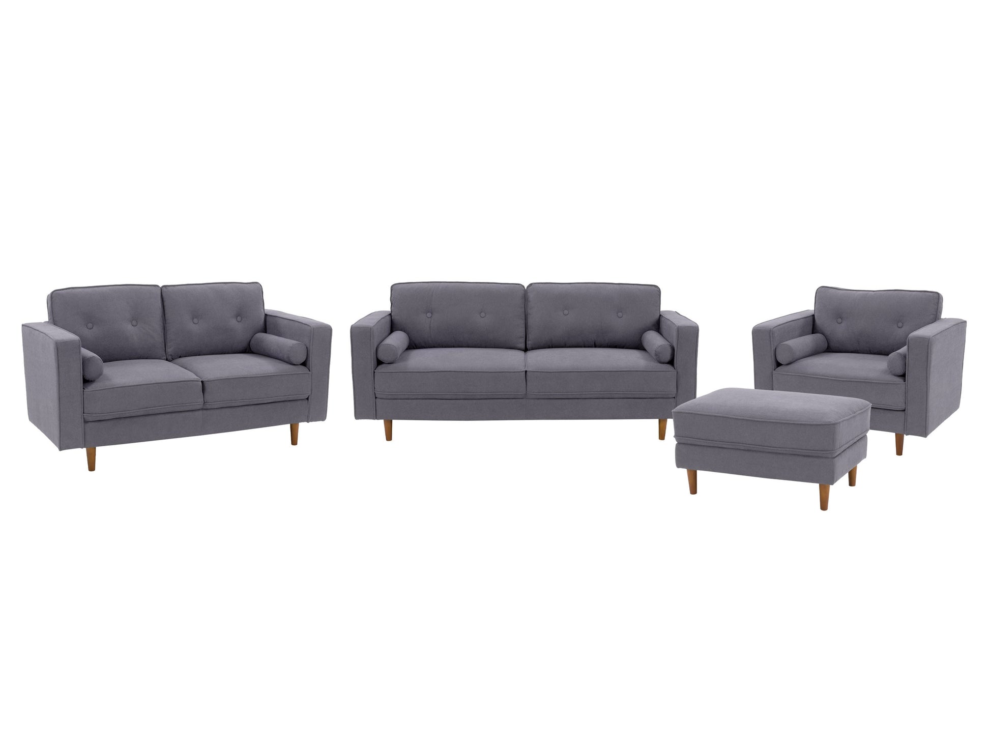 Grey 4-piece living room sofa set with plush cushions, sleek wooden legs, and soft fabric upholstery. Modern design featuring a spacious 3-seater, loveseat, armchair, and ottoman. Ideal for contemporary home decor.