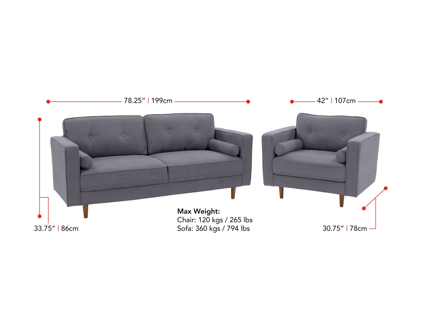 Grey 2-piece sofa and chair set with plush cushions, modern design, and sturdy wooden legs. Perfect for living room comfort and style.