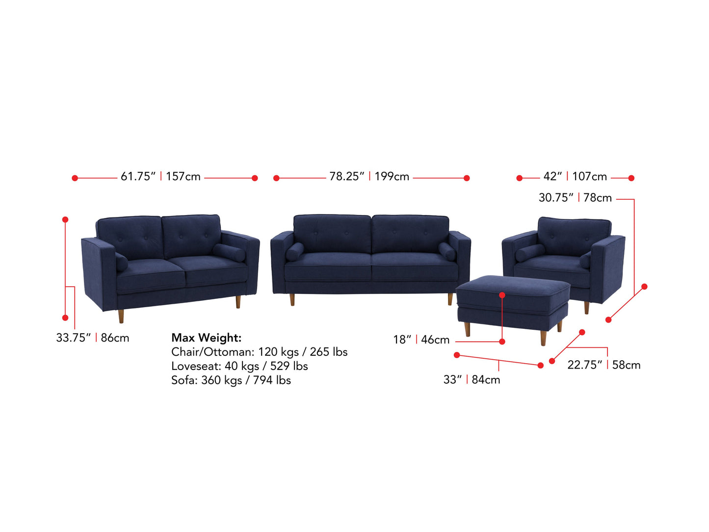 Navy blue 4-piece living room sofa set with plush cushions, sleek wooden legs, and soft fabric upholstery, featuring a modern design perfect for contemporary home decor and comfortable seating.